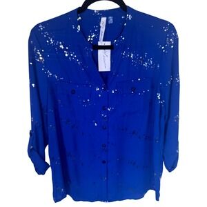 NY Collection Blouse Lg Petite Blue Silver Sparkle Button Up Roll Tab Sleeve NWT